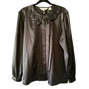 Shapely Black Beaded Sequin Peter Pan Collar Pleated Button Up Long Sleeve 18